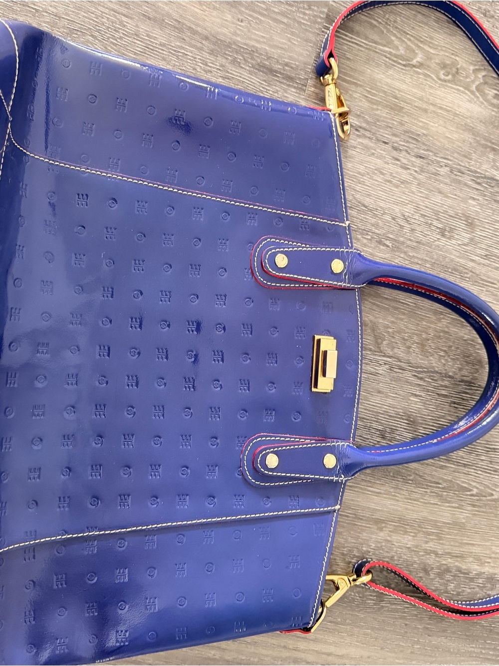 Arcadia Blue Patent Tote Bag with Gold Hardware -